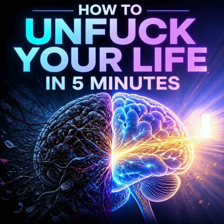 1:1 banner featuring a glowing human brain transitioning from dark, tangled neural pathways to bright blue, violet, and golden light, beside the headline “How to Unfuck Your Life in 5 Minutes.”